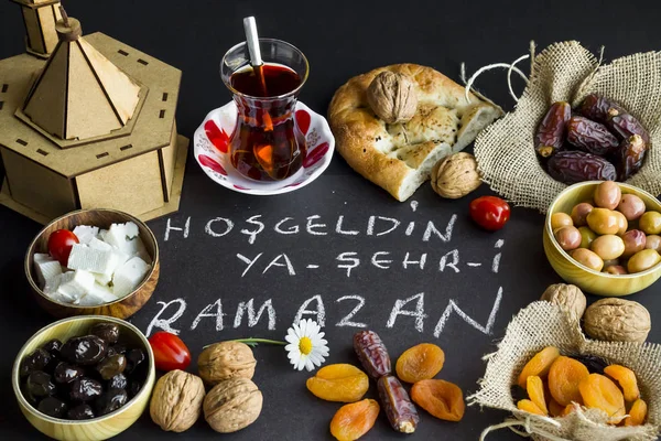 Symbolic Foods Ramadan Handwriting Welcome Ramadan Turkish Letters Black Background — kuvapankkivalokuva