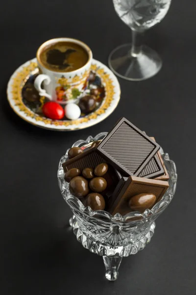 Bitter Chocolate Madlen Crystal Candy Bowl Black Surface Coffee Vertical — Stock Photo, Image