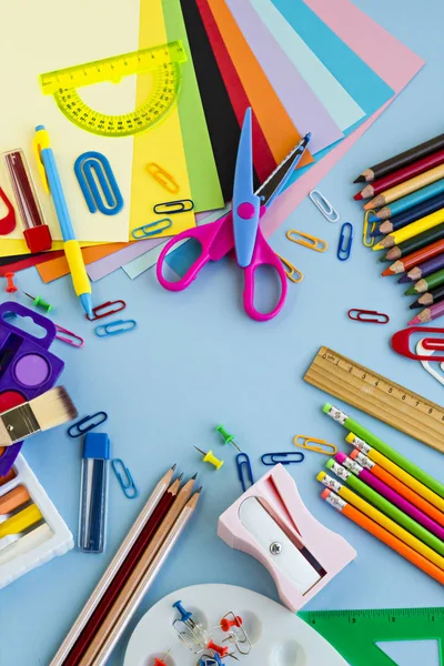 Colorful School Supplies Pastel Blue Color Ground Made Frame Blank — Stock Photo, Image