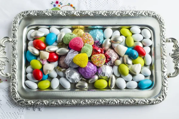 Colorful Mixed Candies Chocolate Vintage Silver Tray Sugar Feast Concept – stockfoto
