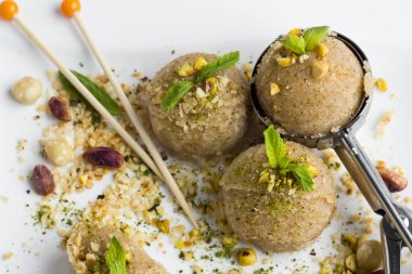 close-up shot of delicious Turkish delight baklava on white table