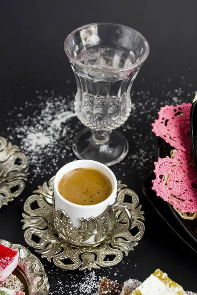 Traditional Turkish Coffee Glass Water Black Surface Concept Celebrations — Stock Photo, Image