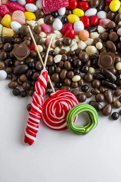 Close Shot Delicious Pile Colorful Chocolate Candies White Surface — 图库照片