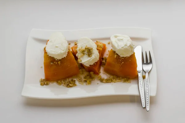 Close Shot Delicious Traditional Turkish Pumpkin Dessert White Surface — Stockfoto