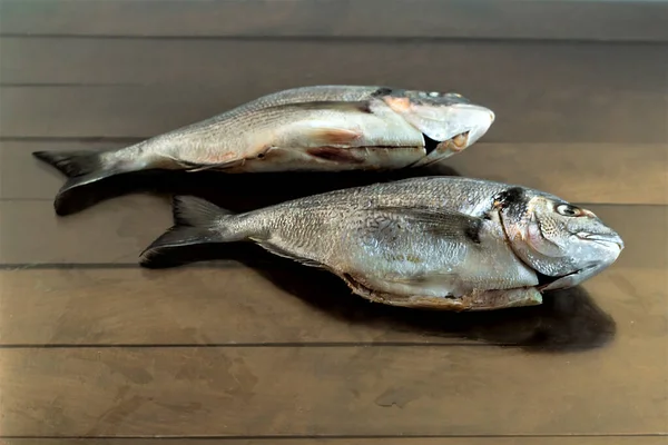 Close Shot Raw Uncooked Fish Wooden Table — Stok fotoğraf