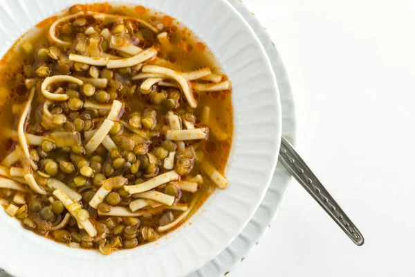 Nærbilde Deilig Tradisjonell Tyrkisk Linsesuppe Bolle Hvitt – stockfoto