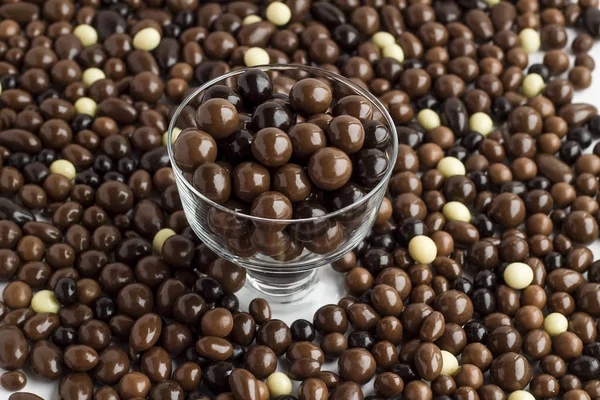 Dark Brown Chocolate Balls Background Glass Candy Bowl Conceptual Image – stockfoto