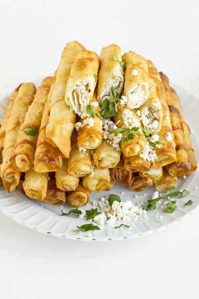 Close Shot Delicious Rolled Crapes Cottage Cheese White Surface — 스톡 사진