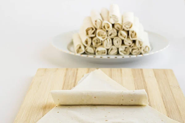 Close Shot Delicious Rolled Crapes Cottage Cheese White Surface — 스톡 사진