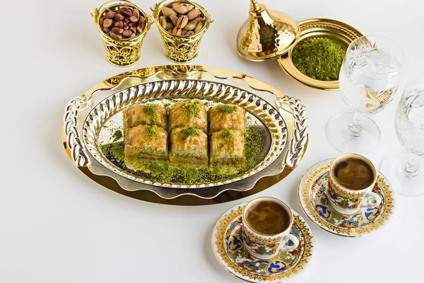 Traditional Turkish Pastry Dessert Baklava Shiny Metal Tray Coffee White — kuvapankkivalokuva