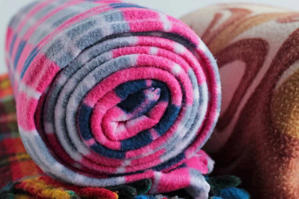 Rolled Woolen Polar Fleece Colored Blankets Close Taken — 图库照片