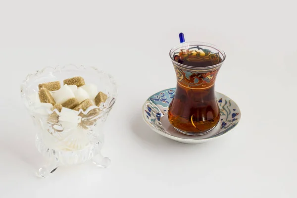 Traditional Turkish Tea Served Transparent Tea Pot Traditional Turkish Motif — стоковое фото