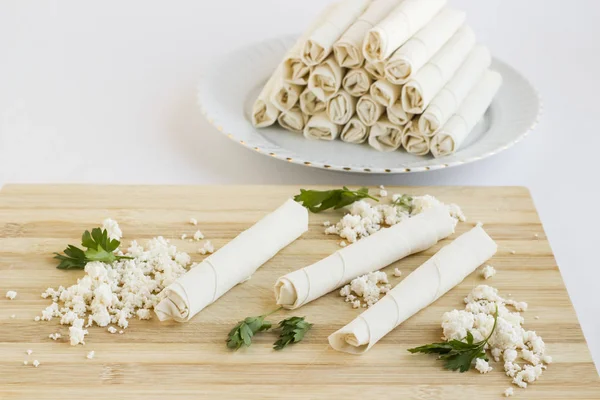 Close Shot Delicious Rolled Crapes Cottage Cheese White Surface — 스톡 사진