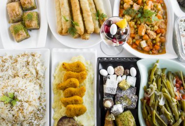 close-up shot of delicious Ramadan feast table with various dishes
