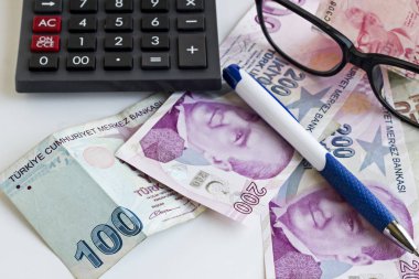 Beyaz yüzeyinde hesap makinesi olan Türk parası ve kalemi