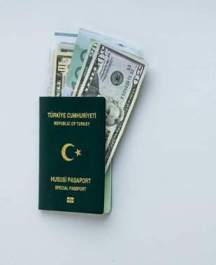 Türk, yeşil renkli pasaport ve Avro, beyaz arka planda dolar banknotları