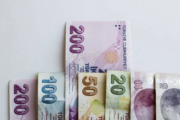 Diverse Turkse Lira Bankbiljetten Met Kleurrijk Papier Wit — Stockfoto
