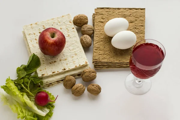 Nærbilde Matza Brød Med Egg Rødvin Til Påskefesten – stockfoto