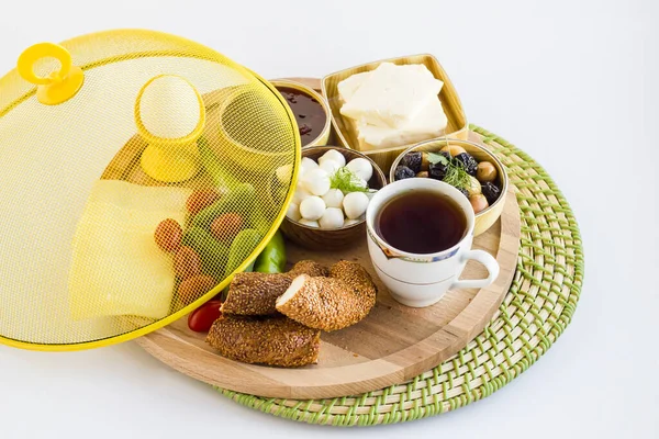 Närbild Skott Läcker Mat Och Kopp Träskiva — Stockfoto