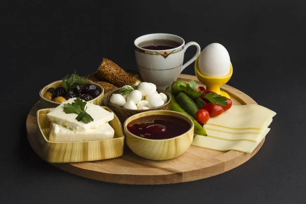 Organic Fresh Traditional Turkish Breakfast Wooden Tray Dark Background Close — стоковое фото