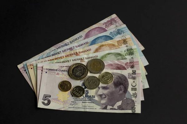 Celá Sada Tureckých Bankovek Mincí Lira Vlaku Černém Pozadí Zblízka — Stock fotografie