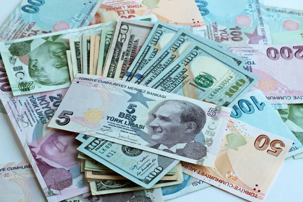 Close Tiro Liras Turcas Dólares Para Fundo — Fotografia de Stock
