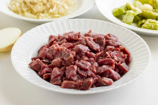 Tradisjonell Islamsk Festmat Braise Beef Kavurma Tilberedning Med Stekt Løk – stockfoto