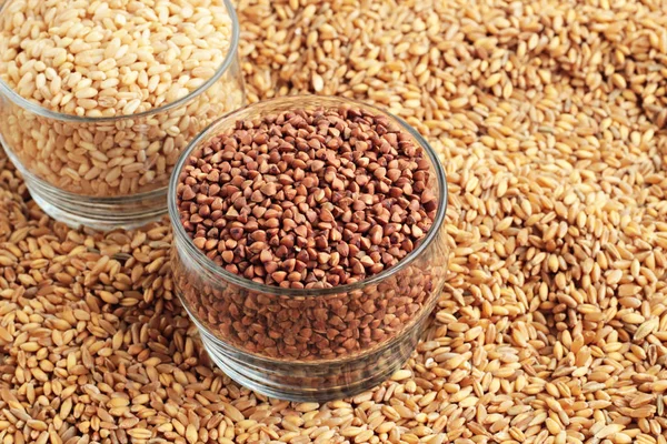 Close Shot Flax Seeds Buckwheat Glass Bowl Wooden Background — Stock Photo, Image