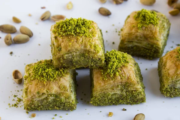 Traditional Turkish Dessert Dry Baklava Pistachio Nuts White Background Pistachio – stockfoto