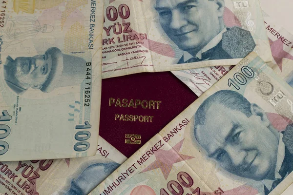 Крупным Планом Турецкий Паспорт Турецкими Банкнотами Заднего Плана — стоковое фото