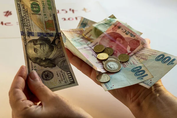 Close Shot Woman Holding Dollar Bills Liras — ストック写真