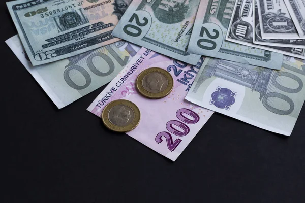 Close Shot Dollar Bills Euros Liras Black — Stockfoto