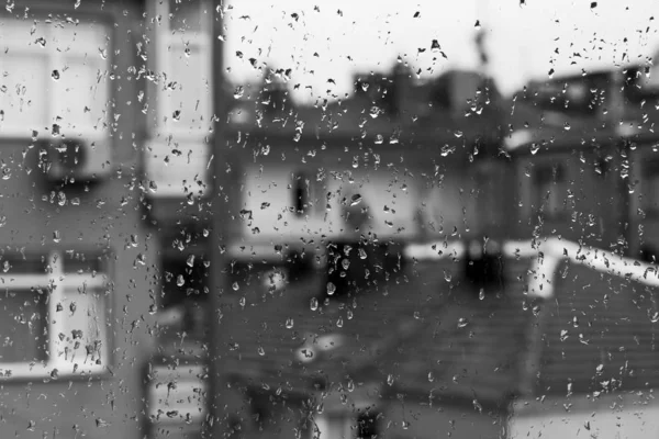 Drops Rain Window Black White Image Blurred Background — Stock Photo, Image