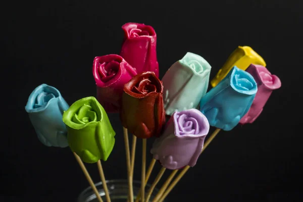 Rosas Coloridas Hechas Mano Hechas Papel Sobre Fondo Negro — Foto de Stock
