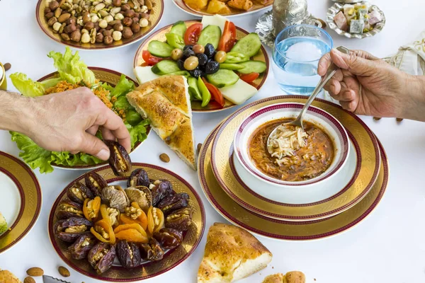 Ramadan Iftar Menu Traditional Turkish Soup Other Foods White Surface — 스톡 사진