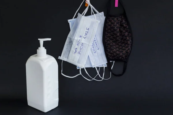 Disinfectant Spray Bottle Black Washable Fabric Surgical Medical Masks Stay — Stock Photo, Image