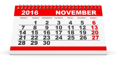 Beyaz arka plan üzerinde Kasım 2016 takvimi.