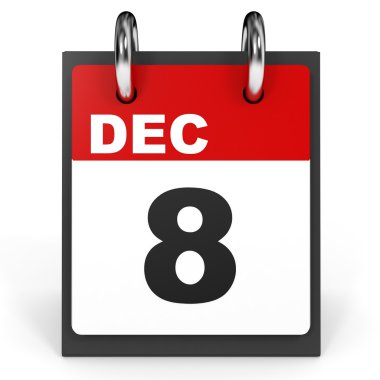 8 Aralık. Beyaz arka plan üzerinde takvim.