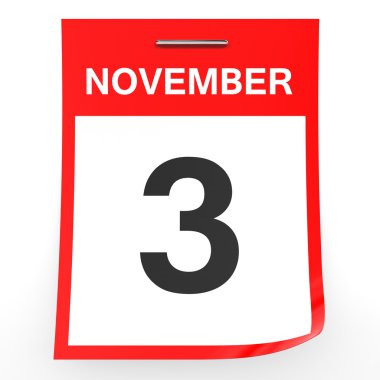 3 Kasım. Beyaz arka plan üzerinde takvim.