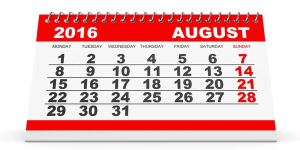 Kalendarz sierpień 2016 na białym tle. — Zdjęcie stockowe