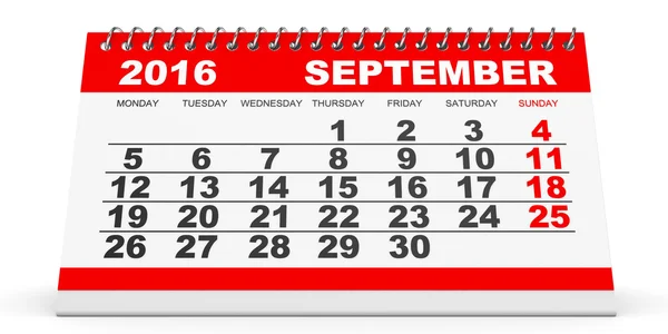 Calendario Septiembre 2016 sobre fondo blanco . —  Fotos de Stock
