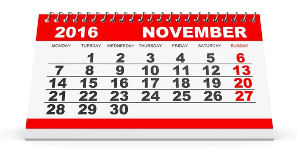 Calendario Noviembre 2016 sobre fondo blanco . — Foto de Stock