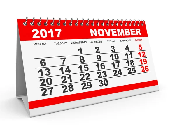 Calendario Noviembre 2017 sobre fondo blanco . — Foto de Stock