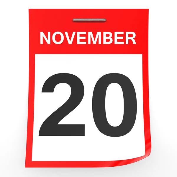 20 de noviembre. Calendario sobre fondo blanco . — Foto de Stock