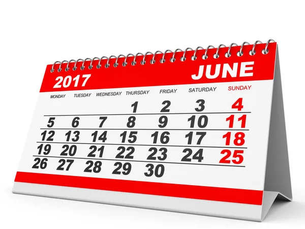 Calendario Junio 2017 sobre fondo blanco . — Foto de Stock