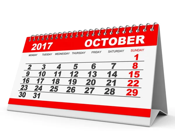 Calendario Octubre 2017 sobre fondo blanco . — Foto de Stock