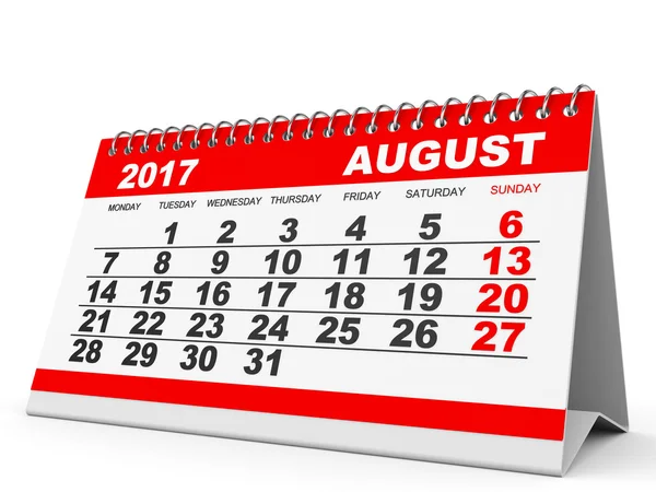 Kalendarz sierpnia 2017 na białym tle. — Zdjęcie stockowe