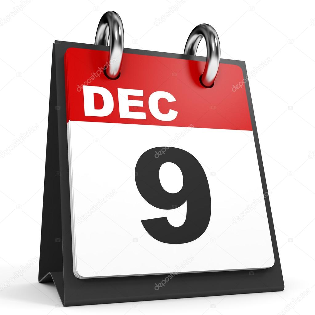 December 9. Calendar on white background.