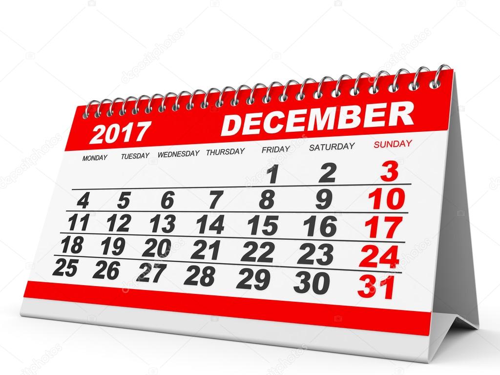 Calendar December 2017 on white background.