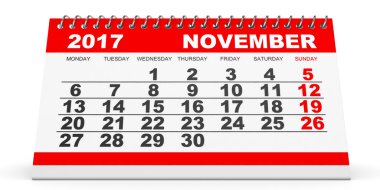 Beyaz arka plan üzerinde Kasım 2017 takvimi.